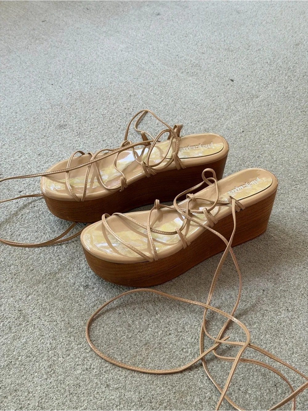 RARE Jeffrey Campbell Nude Patent Lace-Up Platform Wood Block Wedges